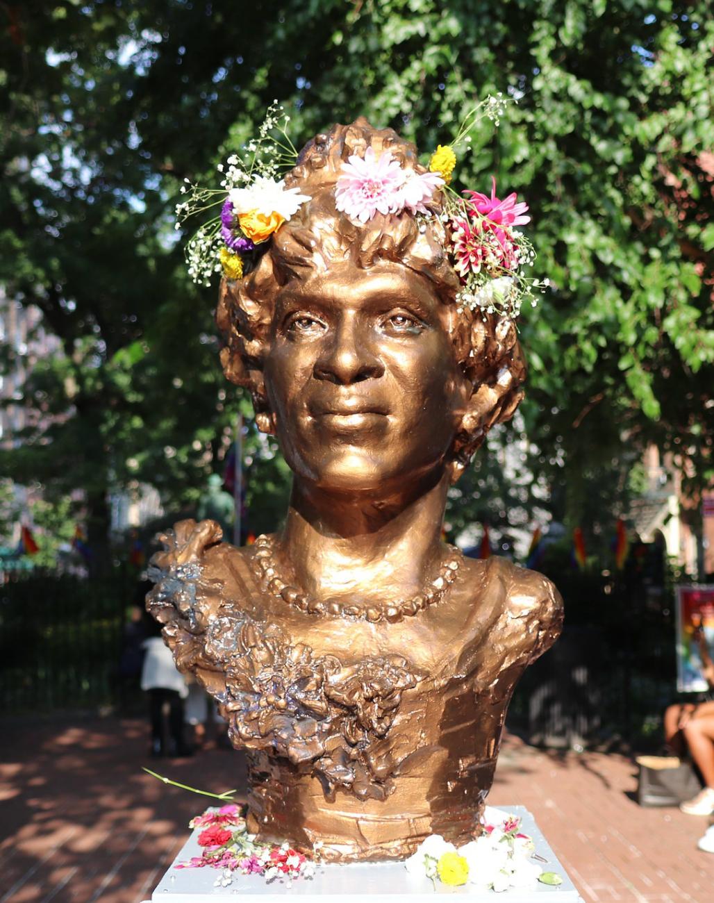 A bronze bust of transgender activist and icon Marsha P. Johnson in Christopher Park in Manhattan. Transgender Day of Visibility.