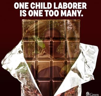 Text: One Child Laborer is Too Many Image: chocolate bar with child silhouette Topic: child labor in chocolate