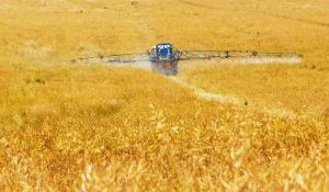 tractor spraying chemicals in yellow field