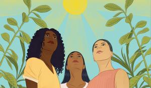 three women looking towards the sun illustration. by Stephanie Singleton
