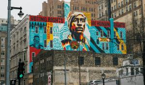 voting rights is human rights mural in a downtown