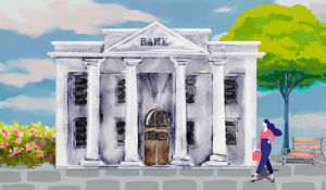 Illustration of a woman walking towards a bank, with a bench, tree, and bushes surrounding.
